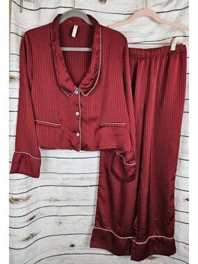 NAP Loungewear Red Satin Pajamas Set S Burgundy Top Pants Womens 2 Pc